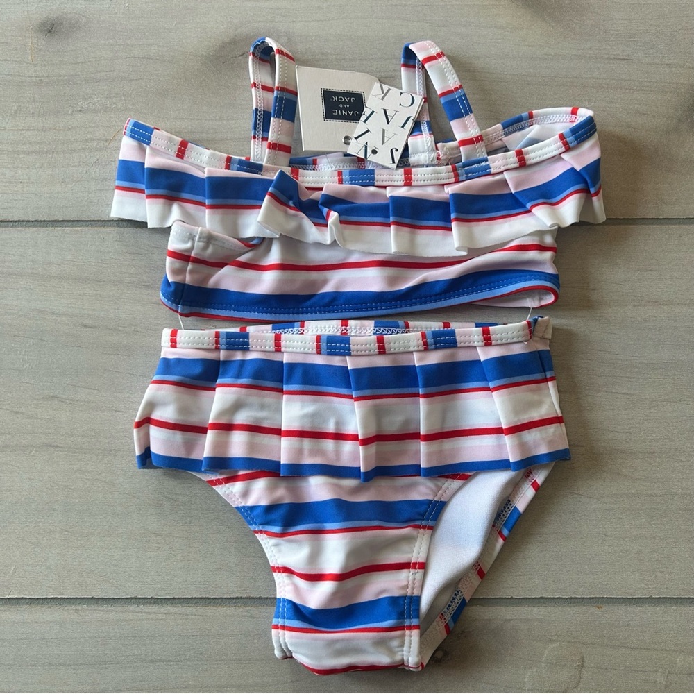 NWT Janie and Jack Girls Two-Piece Ruffle Stripe Swimsuit Blue, Red, White Pink